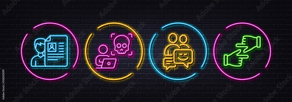 Job interview, Communication and Cyber attack minimal line icons. Neon laser 3d lights. Click hands icons. For web, application, printing. Cv file, Business messages, Ransomware risk. Vector