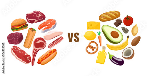 Meat-eating vs Vegetarianism. Meat food, fish, fast food. Avocado, cheese, bakery, vegetables. Flat vector illustration. 