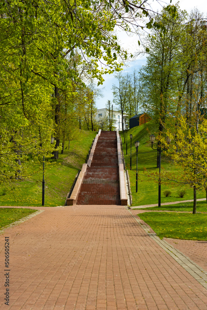 A large staircase in the park for climbing the hill A large staircase in the park for climbing the hill