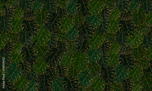 Floral vector background of stylized monstera leaves with gold outline. Luxury natural background