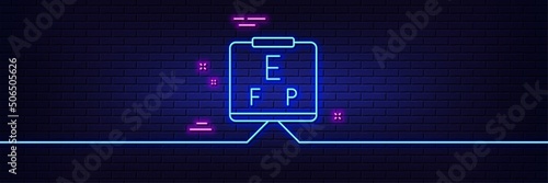 Neon light glow effect. Vision board line icon. Oculist eye clinic sign. Optometry symbol. 3d line neon glow icon. Brick wall banner. Vision board outline. Vector