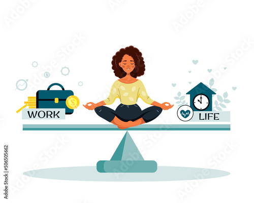 An African-American woman balances between work and home. Vector