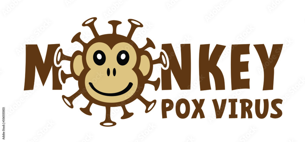Cartoon monkey virus or monkeypox. Stop the virus belongs to the genus Orthopoxvirus in the family Poxviridae. infectious disease. Ape face with yellow banana. Vector monkey pox symbol or icon. Cartoon monkey virus or monkeypox. Stop the virus belongs to the genus Orthopoxvirus in the family Poxviridae. infectious disease. Ape face with yellow banana. Vector monkey pox symbol or icon.
