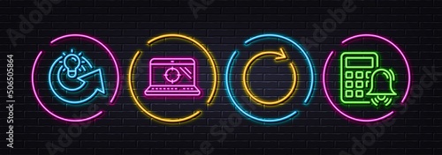 Share idea, Synchronize and Seo laptop minimal line icons. Neon laser 3d lights. Calculator alarm icons. For web, application, printing. Solution, Refresh or update, Search engine. Accounting. Vector
