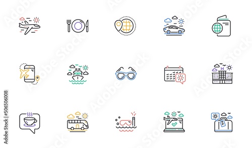 Travel line icons. Passport, Luggage and Check in airport. Sunglasses linear icon set. Bicolor outline web elements. Vector
