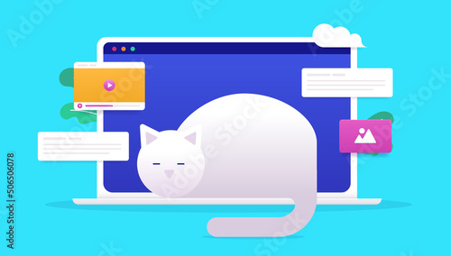 Take a break from work - Cat laying down and sleeping on laptop computer keyboard. Vector illustration with blue background