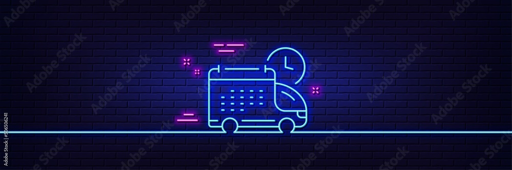 Neon light glow effect. Delivery schedule line icon. Logistics calendar sign. Cargo reminder symbol. 3d line neon glow icon. Brick wall banner. Delivery outline. Vector Neon light glow effect. Delivery schedule line icon. Logistics calendar sign. Cargo reminder symbol. 3d line neon glow icon. Brick wall banner. Delivery outline. Vector