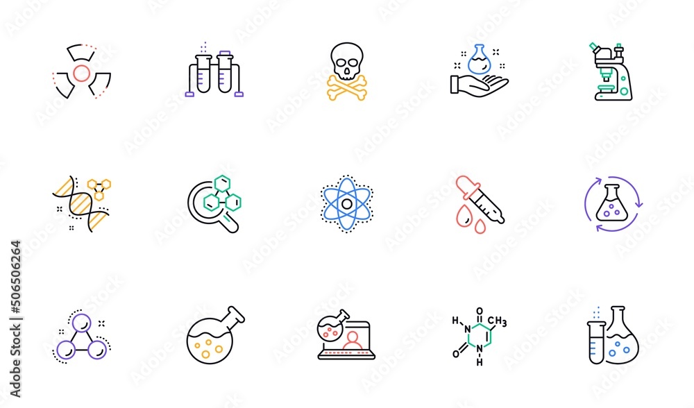 Chemistry lab line icons. Chemical formula, Microscope and Medical analysis. Laboratory test flask, reaction tube, chemistry lab icons. Linear set. Bicolor outline web elements. Vector