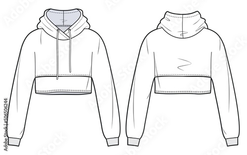 Girl's cropped Hoodie design fashion flat sketch template. Unisex oversize crop Hoodie sweat with long sleeves techical drawing template. Sweatshirt fashion cad.