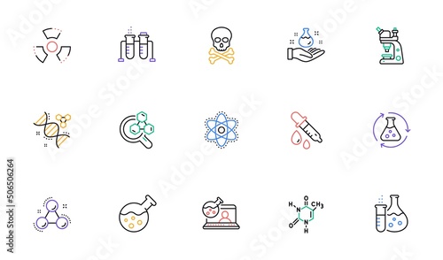 Chemistry lab line icons. Chemical formula, Microscope and Medical analysis. Laboratory test flask, reaction tube, chemistry lab icons. Linear set. Bicolor outline web elements. Vector