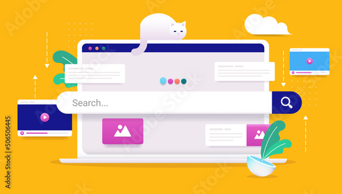 Web search - Laptop computer with search bar, searching for media online. Vector illustration