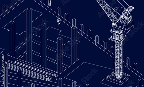 under construction site engineering tower crane 3D illustration line sketch architecture blueprint