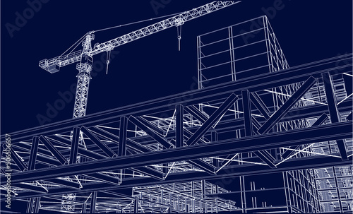 under construction site engineering with tower crane architecture 3D illustration line sketch blueprint