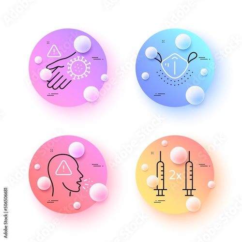 Medical mask, Wash hand and Cough minimal line icons. 3d spheres or balls buttons. Coronavirus vaccine icons. For web, application, printing. Respirator, Hand with coronavirus, Flu symptom. Vector