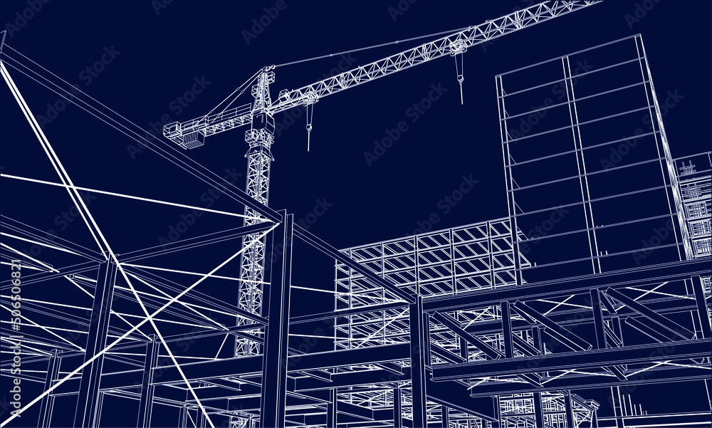custom made wallpaper toronto digitalurban under construction site engineering with tower crane 3D illustration line sketch blueprint