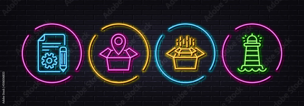 Package location, Documentation and Packing boxes minimal line icons. Neon laser 3d lights. Lighthouse icons. For web, application, printing. Delivery tracking, Project, Delivery box. Vector
