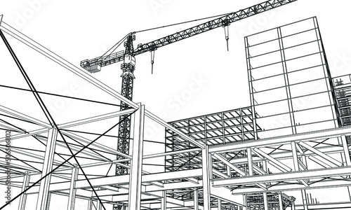 urban under construction site engineering with tower crane 3D illustration line sketch