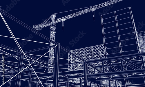 urban under construction site engineering with tower crane 3D illustration line sketch blueprint