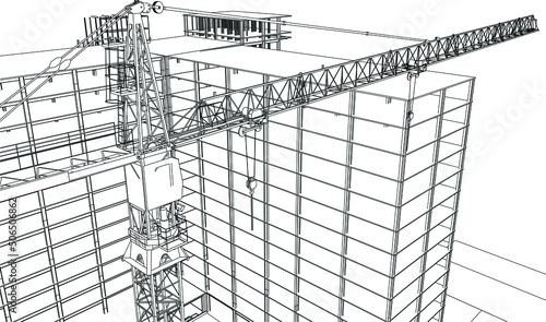 urban under construction building with tower crane, architecture 3D illustration line sketch
