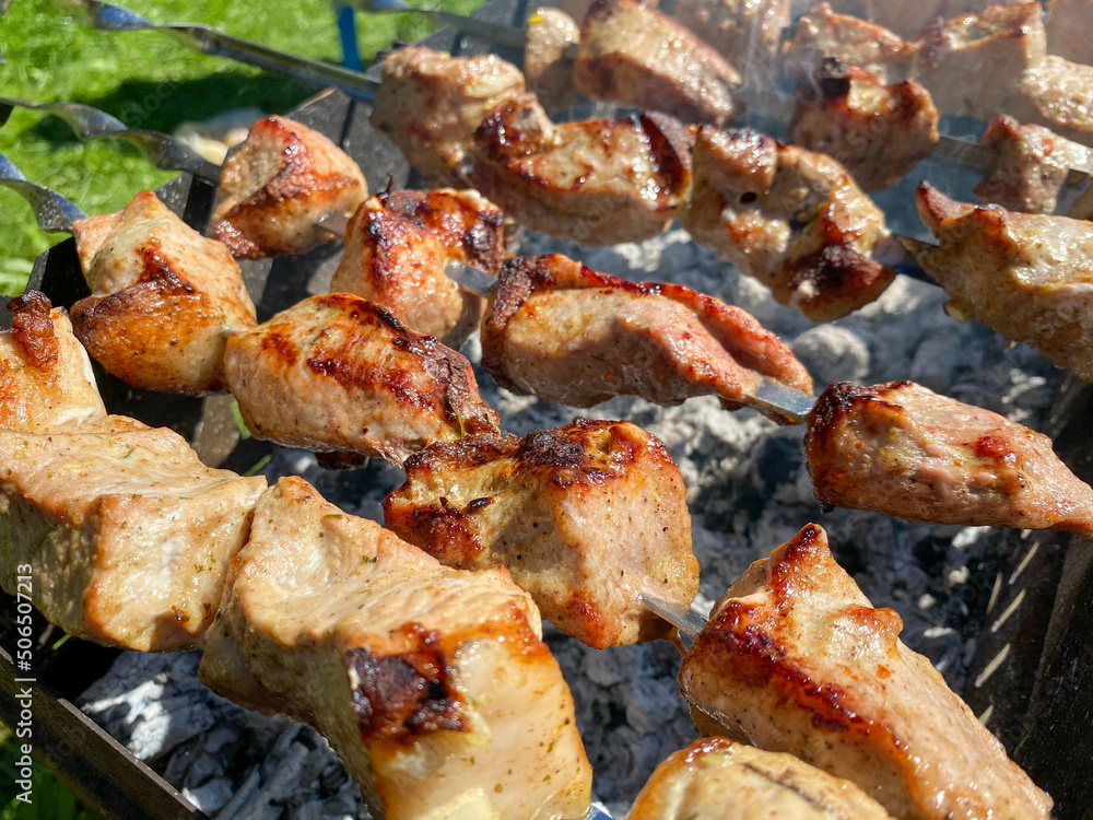 outdoor recreation in the company. barbecue with friends. food on the grill. skewers with juicy, appetizing meat. natural food, grilled pork skewers