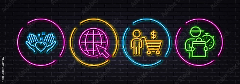 Buyer, Internet and Hold heart minimal line icons. Neon laser 3d lights. Delivery man icons. For web, application, printing. Shopping cart, World web, Friendship. Express courier. Vector