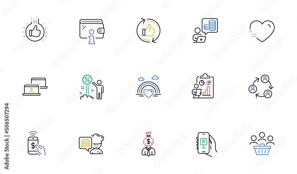Chef, Discount and Report line icons for website, printing. Collection of Like hand, Wallet, Buyers icons. Outsource work, Lgbt, Heart web elements. Refresh like, Budget accounting. Vector Chef, Discount and Report line icons for website, printing. Collection of Like hand, Wallet, Buyers icons. Outsource work, Lgbt, Heart web elements. Refresh like, Budget accounting. Vector
