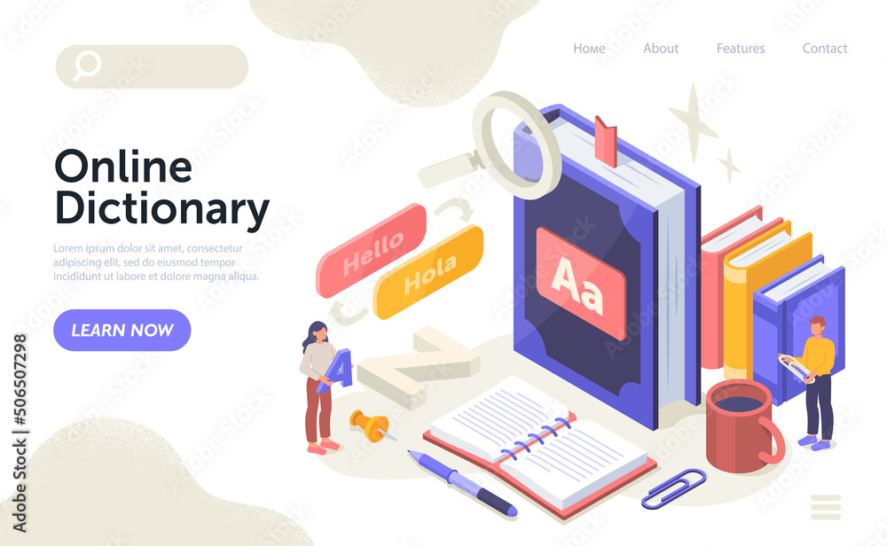 © Rudzhan - Online dictionary service concept. Man and woman stand next to large linguistic book and study languages. Translator of words on Internet. Landing page design. Cartoon isometric vector illustration