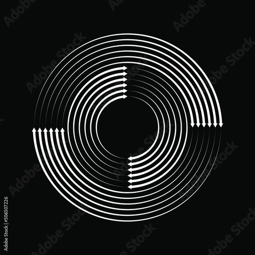 White speed lines with arrow heads. Geometric art. Design element for border frame, round logo, blackout tattoo, sign, symbol, web pages, prints, template, pattern and abstract background