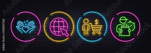 Buyer, Internet and Hold heart minimal line icons. Neon laser 3d lights. Delivery man icons. For web, application, printing. Shopping cart, World web, Friendship. Express courier. Vector