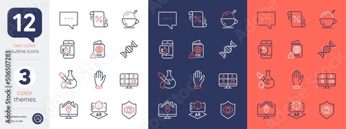 Set of Chemistry experiment, Eye protection and Chemistry dna line icons. Include Augmented reality, Video conference, Mobile like icons. Loan percent, Work home, Passport warning web elements. Vector