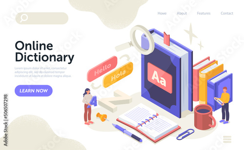 Online dictionary service concept. Man and woman stand next to large linguistic book and study languages. Translator of words on Internet. Landing page design. Cartoon isometric vector illustration photo
