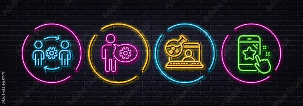Engineering team, Online chemistry and Cogwheel minimal line icons. Neon laser 3d lights. Star rating icons. For web, application, printing. Engineer person, Lab flask, Engineering tool. Vector Engineering team, Online chemistry and Cogwheel minimal line icons. Neon laser 3d lights. Star rating icons. For web, application, printing. Engineer person, Lab flask, Engineering tool. Vector
