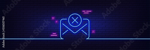 Neon light glow effect. Reject mail line icon. Delete message sign. Decline web letter. 3d line neon glow icon. Brick wall banner. Reject mail outline. Vector