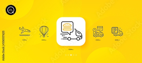 Truck parking, Delivery and Air balloon minimal line icons. Yellow abstract background. Food delivery, Arrivals plane icons. For web, application, printing. Vector