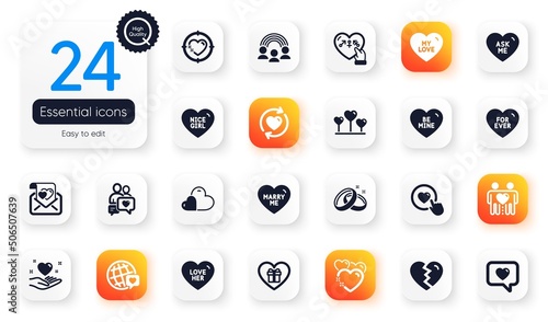 Set of Love flat icons. Hold heart, Dating chat and For ever elements for web application. Friends couple, Care, Wedding rings icons. Ask me, Love letter, Romantic gift elements. Be mine. Vector
