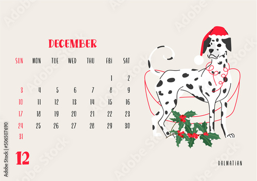 Horizontal calendar for of december 2023 with dalmatian dog. Isolated on beige background. Vector flat illustration. Week starts on Sunday