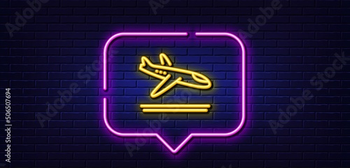 Neon light speech bubble. Airport arrivals plane line icon. Airplane landing sign. Flight symbol. Neon light background. Arrivals plane glow line. Brick wall banner. Vector