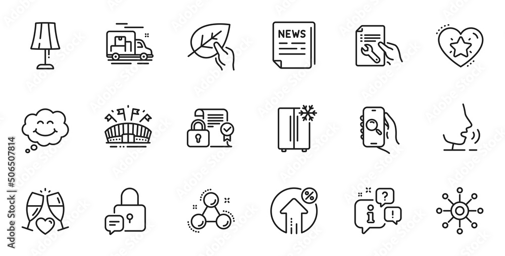 Outline set of Organic tested, Loan percent and Sports arena line icons for web application. Talk, information, delivery truck outline icon. Vector