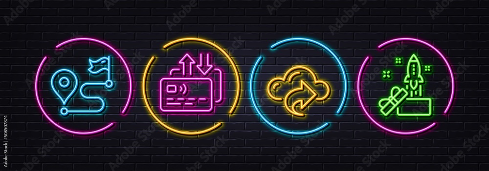 Cloud share, Card and Journey minimal line icons. Neon laser 3d lights. Innovation icons. For web, application, printing. Data sharing, Send payment, Trip distance. Crowdfunding. Vector Cloud share, Card and Journey minimal line icons. Neon laser 3d lights. Innovation icons. For web, application, printing. Data sharing, Send payment, Trip distance. Crowdfunding. Vector
