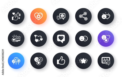 Social media icons. Share network, Like thumbs up and Rating. Feedback smile classic icon set. Circle web buttons. Vector