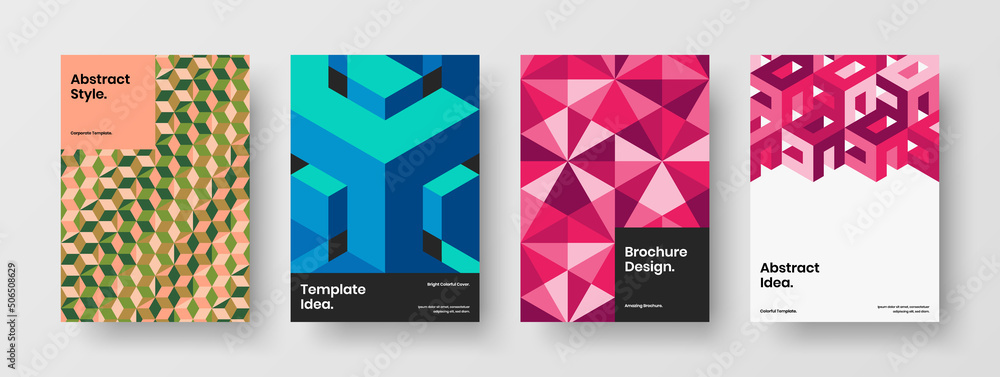 Minimalistic company brochure A4 design vector layout collection. Clean geometric shapes pamphlet template bundle.