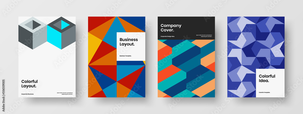 Original book cover A4 design vector concept bundle. Minimalistic geometric pattern corporate brochure template set.