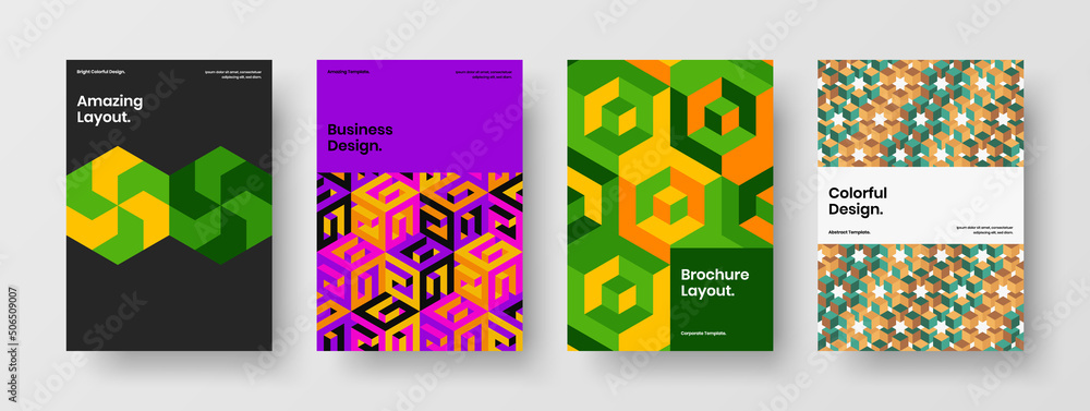 Multicolored poster A4 vector design concept bundle. Isolated geometric shapes magazine cover layout set.