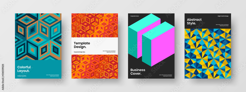 Minimalistic mosaic shapes pamphlet template set. Isolated corporate identity A4 design vector layout collection.