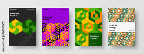 Multicolored poster A4 vector design concept bundle. Isolated geometric shapes magazine cover layout set.