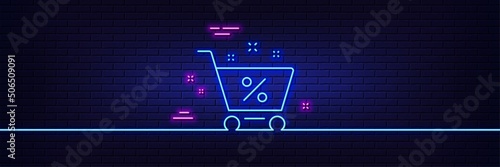 Neon light glow effect. Loan shopping cart line icon. Discount percent sign. Credit percentage symbol. 3d line neon glow icon. Brick wall banner. Loan percent outline. Vector