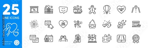 Outline icons set. Marketplace, Bus travel and Love award icons. Fireworks rocket, Hotel, Gps web elements. Road, Puzzle, Air balloon signs. Smile face, Give present, Hold heart. Vector