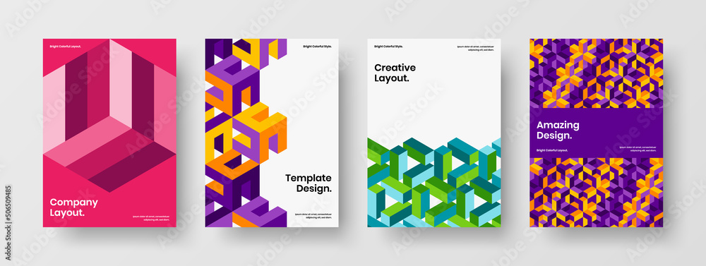 Trendy geometric hexagons cover concept set. Clean booklet vector design template composition.