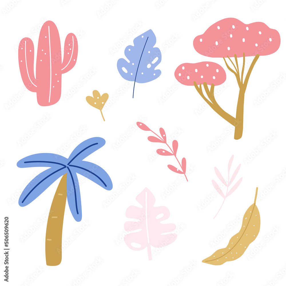Vector illustration set of cute childish stickers pink cactus, palm tree, african pink locust, leaves in cartoon style