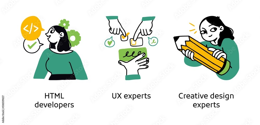 Web application development experts - abstract business concept illustrations. HTML developers, UX experts, Creative designers. Visual stories collection